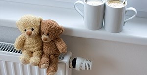 en radiator med to bamse på og to kopper kaffe i vindudeskarm